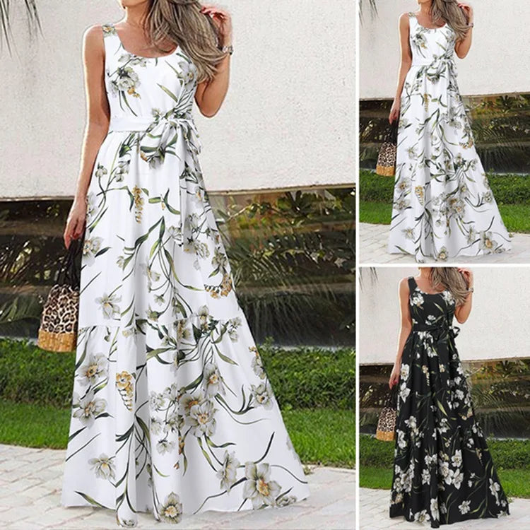 Summer Flower Print Sleeveless Long Dresses Women Elegant Casual Vacation Style Dress O Neck High Waist Leace-up Maxi Vestidos