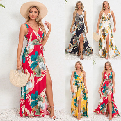 Summer Flower Print Sleeveless Long Dresses Women Sexy V-neck Slim Leace-up Slit Dress Female Fashion Commuting Vacation Vestido