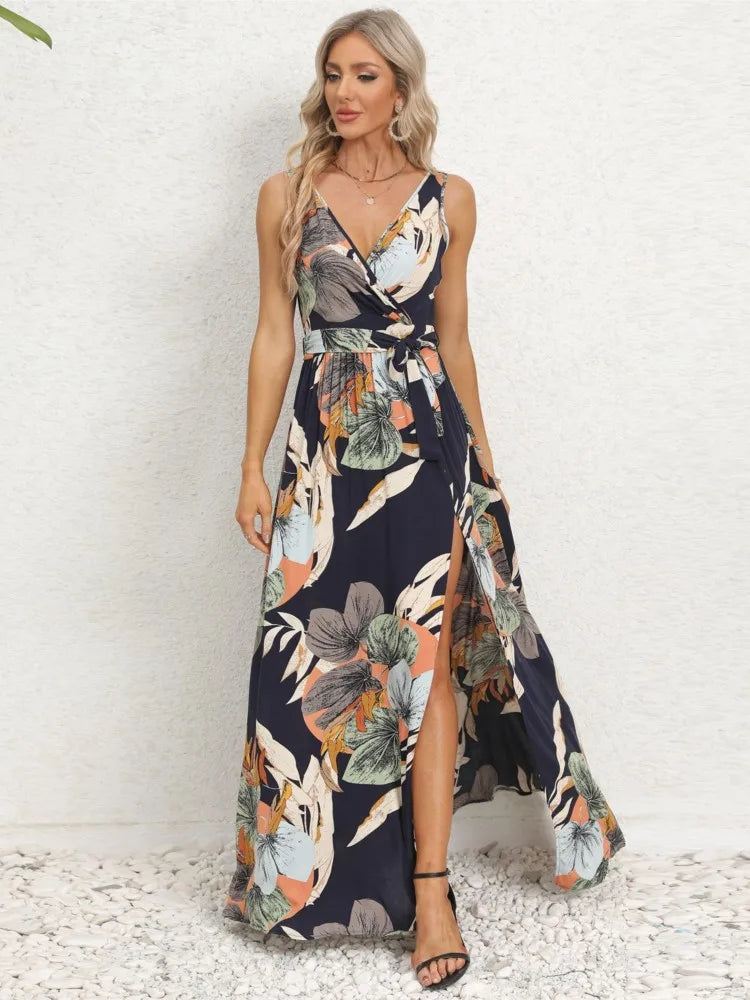 Summer Flower Print Sleeveless Long Dresses Women Sexy V-neck Slim Leace-up Slit Dress Female Fashion Commuting Vacation Vestido