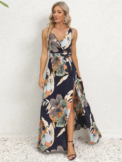 Summer Flower Print Sleeveless Long Dresses Women Sexy V-neck Slim Leace-up Slit Dress Female Fashion Commuting Vacation Vestido