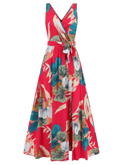 Summer Flower Print Sleeveless Long Dresses Women Sexy V-neck Slim Leace-up Slit Dress Female Fashion Commuting Vacation Vestido