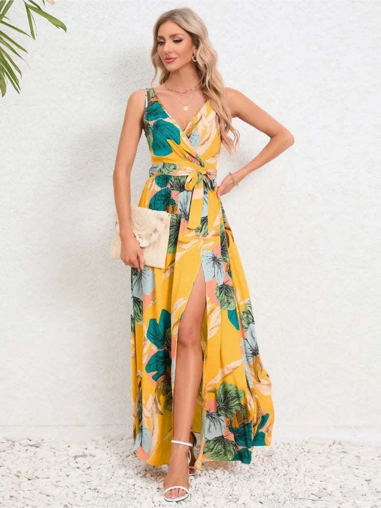 Summer Flower Print Sleeveless Long Dresses Women Sexy V-neck Slim Leace-up Slit Dress Female Fashion Commuting Vacation Vestido