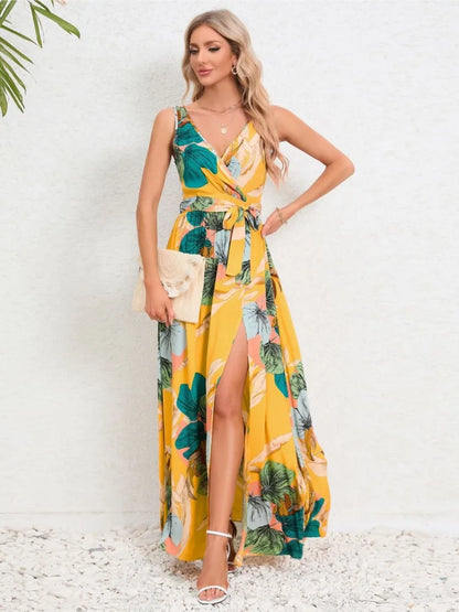 Summer Flower Print Sleeveless Long Dresses Women Sexy V-neck Slim Leace-up Slit Dress Female Fashion Commuting Vacation Vestido