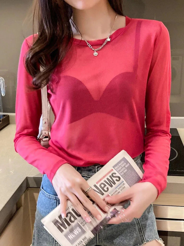 Summer Korean Fashion Mesh T-shirts Women Vintage Transparent Tops for Women Loose White Transparent Office Lady Shirts