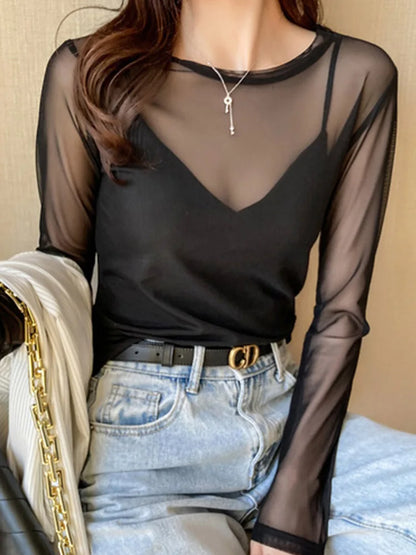 Summer Korean Fashion Mesh T-shirts Women Vintage Transparent Tops for Women Loose White Transparent Office Lady Shirts