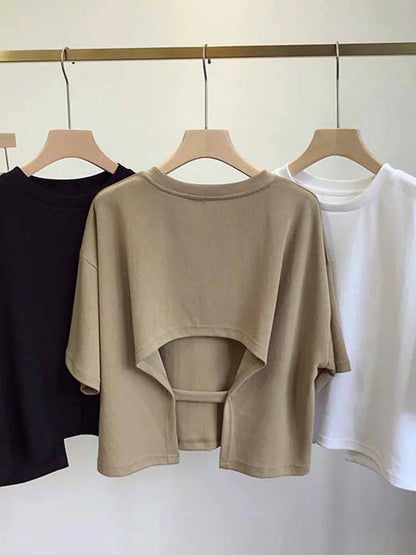 Summer New Ladies Casual Backless T-Shirt 2025 Korean Women Round Neck Loose Sweet Spicy Wind Short-Sleeved Crop Tops
