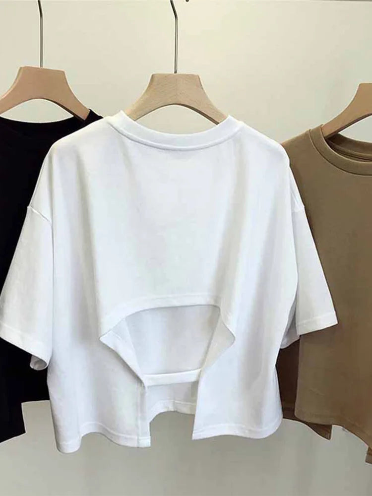 Summer New Ladies Casual Backless T-Shirt 2025 Korean Women Round Neck Loose Sweet Spicy Wind Short-Sleeved Crop Tops