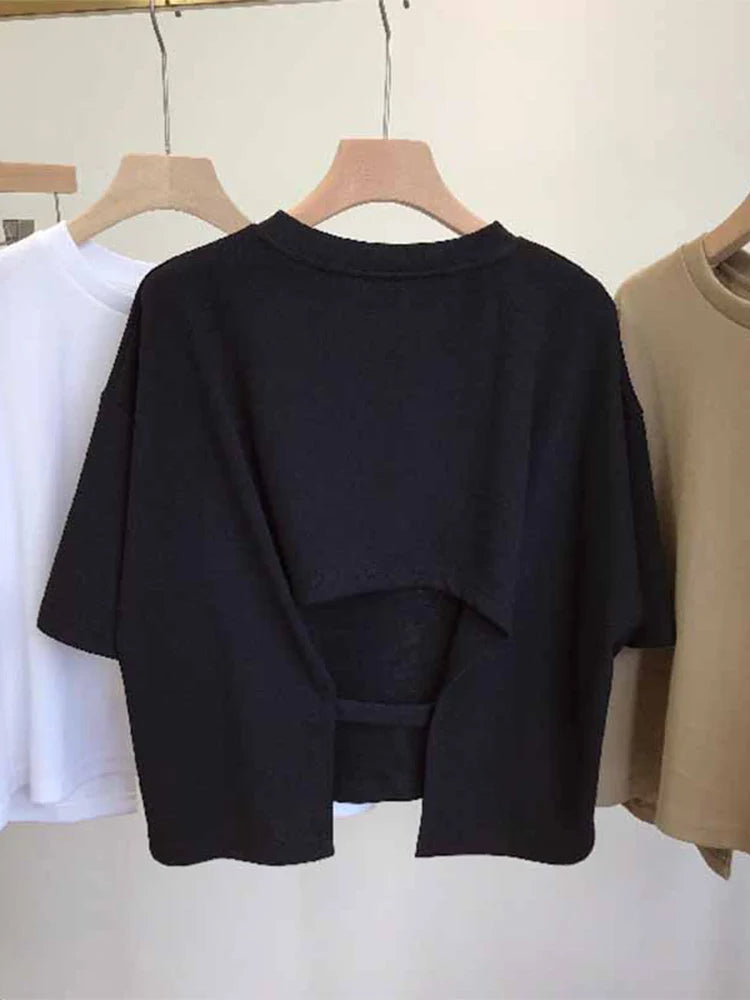 Summer New Ladies Casual Backless T-Shirt 2025 Korean Women Round Neck Loose Sweet Spicy Wind Short-Sleeved Crop Tops