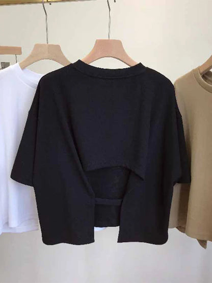 Summer New Ladies Casual Backless T-Shirt 2025 Korean Women Round Neck Loose Sweet Spicy Wind Short-Sleeved Crop Tops