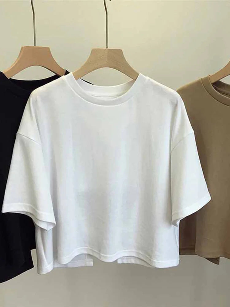 Summer New Ladies Casual Backless T-Shirt 2025 Korean Women Round Neck Loose Sweet Spicy Wind Short-Sleeved Crop Tops