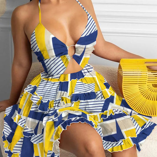 Summer New Printed Halter Neck Mini Dresses For Women Sexy Deep V-neck Hollow Out Backless Leace-up Dress Beach Vestido Feminino