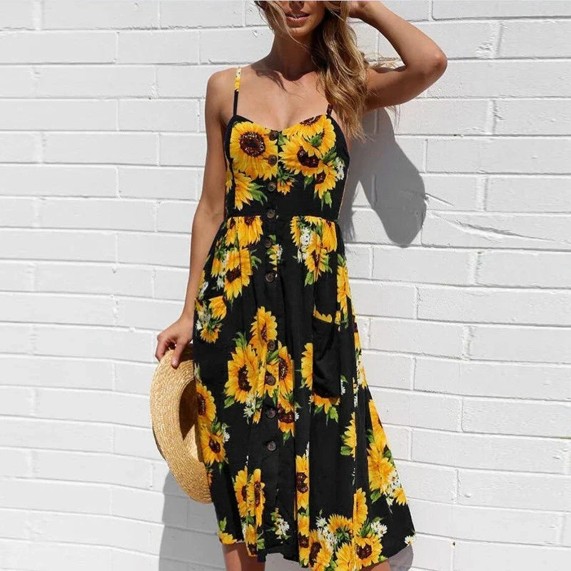 Sweetheart Neck Spaghetti Strap Sunflower Print Button-Front Pocket Midi Dress