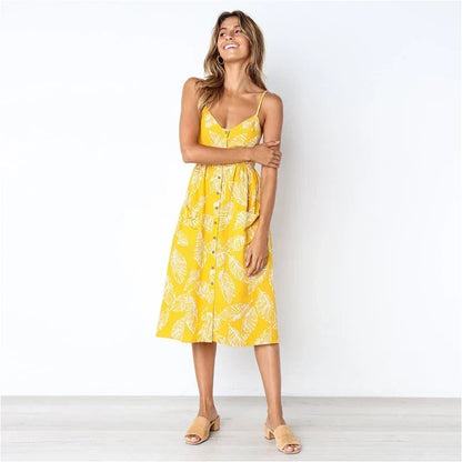 Sunflower Print Spaghetti Strap Button Front Pocket Midi Dress