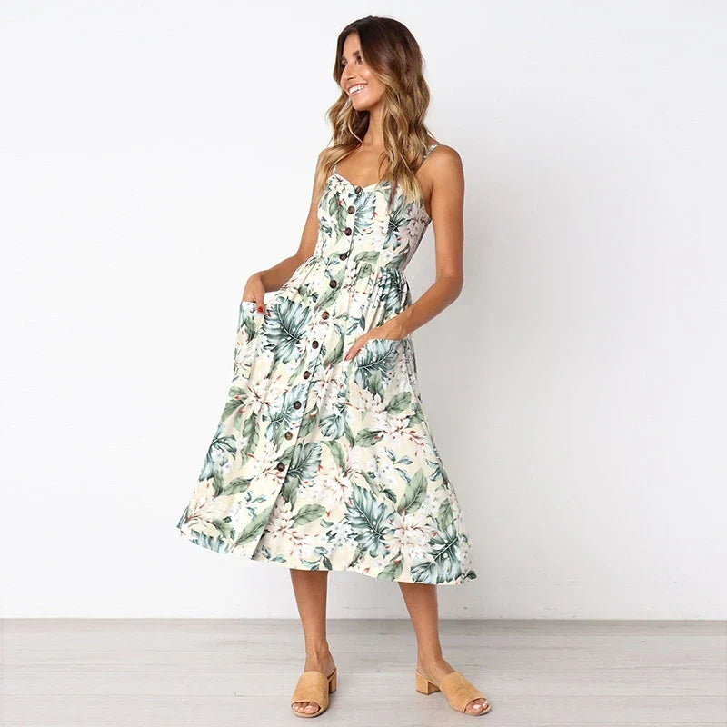 Sweetheart Neck Spaghetti Strap Sunflower Print Button-Front Pocket Midi Dress