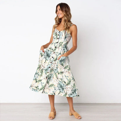 Sweetheart Neck Spaghetti Strap Sunflower Print Button-Front Pocket Midi Dress