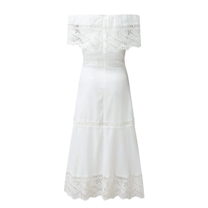 Off Shoulder Lace Flounce Scalloped Tiered Maxi Dress