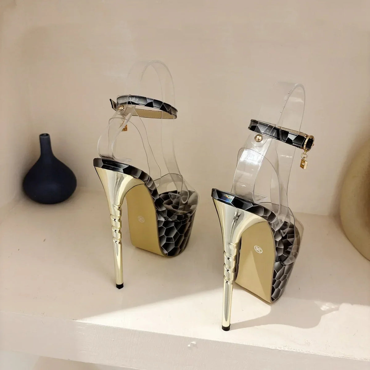 Summer Platform Sandals Peep Toe Transparent PVC Metal Thin High Heel High Heel