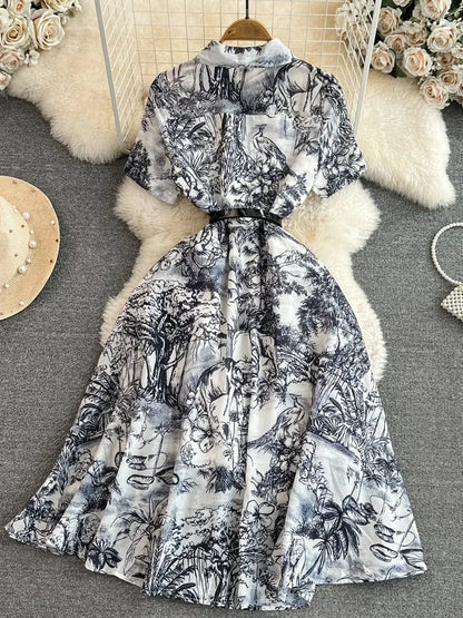 Summer Retro Shirt Dress Women Short Sleeved Lapel Single Breasted A-line Print Long Dresses Ladies Elegant Party Long Robe