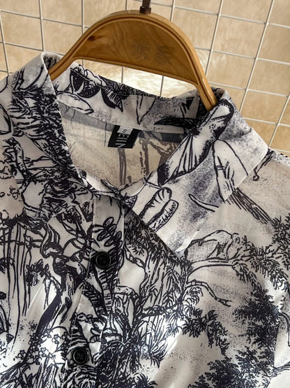 Summer Retro Shirt Dress Women Short Sleeved Lapel Single Breasted A-line Print Long Dresses Ladies Elegant Party Long Robe