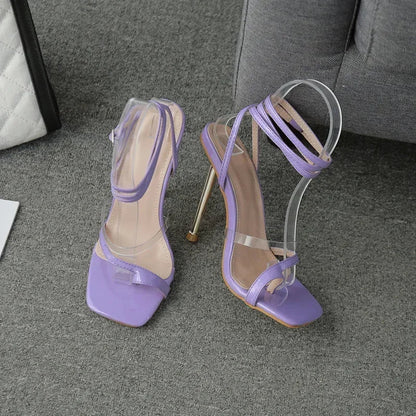 Summer Gladiator Square Head Peep Toe Narrow Band Metal Thin Heels High Heel