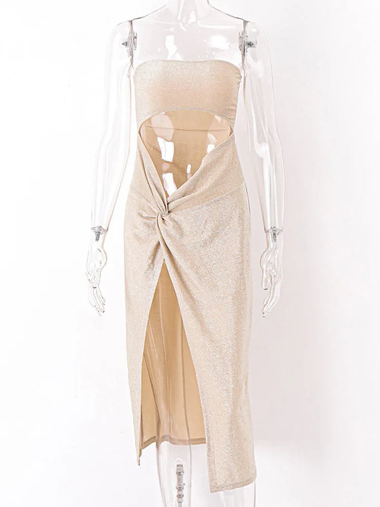 Strapless Twist Front Midriff Cutout Glitter Knit High Slit Maxi Dress