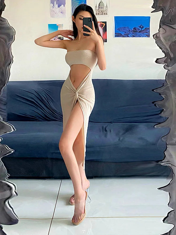 Glitter Strapless Cut Out Twist Waist High Split Maxi Dress