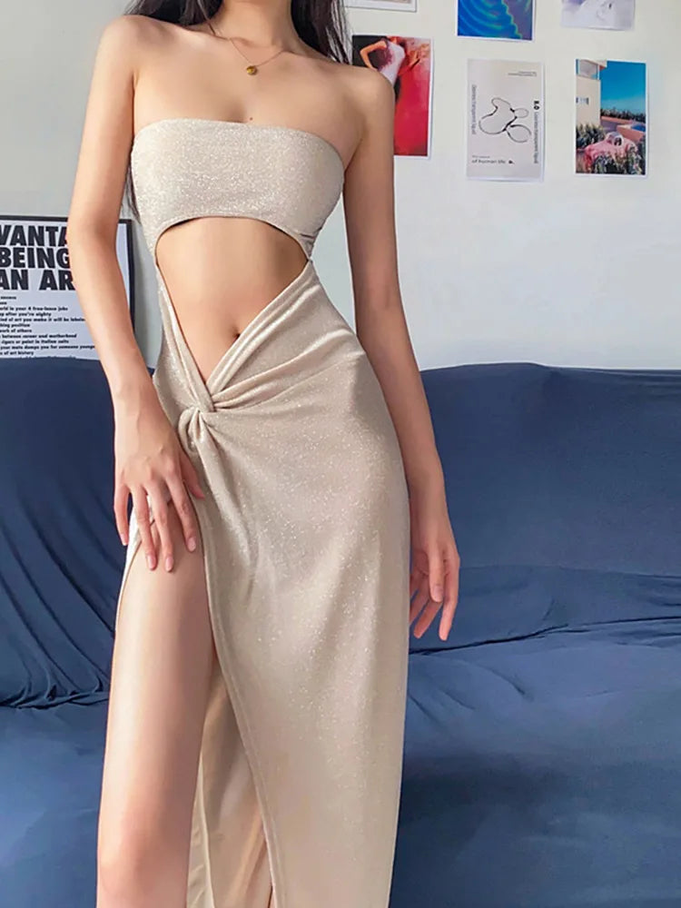Strapless Twist Front Midriff Cutout Glitter Knit High Slit Maxi Dress