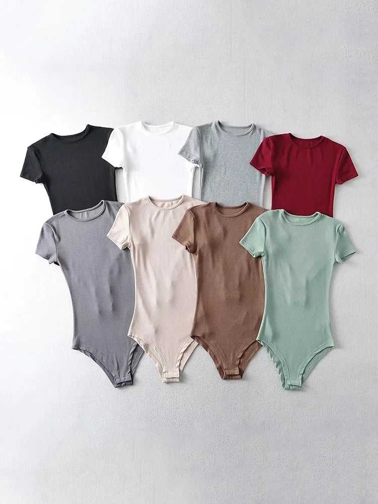 Summer Sexy Women Slim Short-Sleeve O-neck Tops Bodysuits Female Rompers Streetwear Jumpsuits