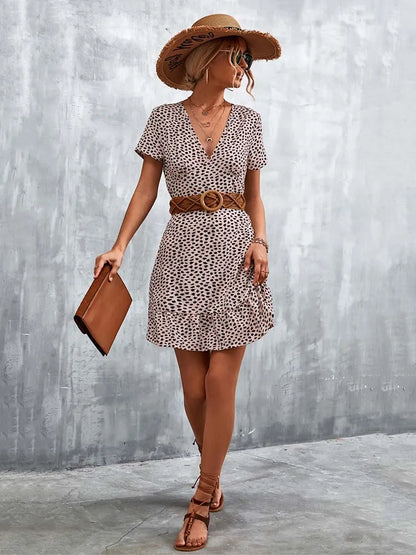 V-Neck Short Sleeve Ditsy Floral Print Ruffle Hem A-Line Mini Dress