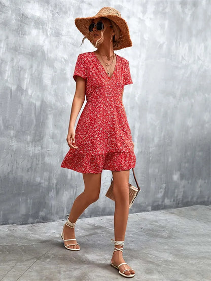 V-Neck Short Sleeve Ditsy Floral Print Ruffle Hem A-Line Mini Dress
