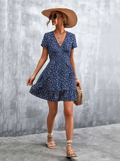 V-Neck Short Sleeve Ditsy Floral Print Ruffle Hem A-Line Mini Dress