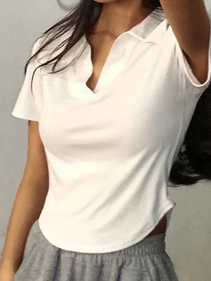 Summer Short Sleeve Lapel Top Women’S Solid V-Neck Pullovers Retro Sweet Shirts Hot Girl Crop Top Female Slim Versatile Tee