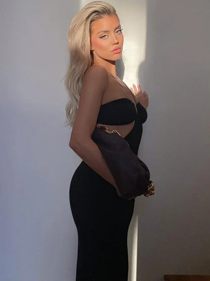 Halter Neck Gathered Bodice Waist Cut Out Bodycon Midi Dress