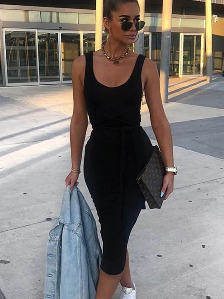 Ribbed Sleeveless Scoop Neck Tie Waist Bodycon Midi Dress