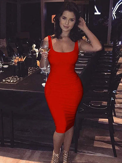 Spaghetti Strap Scoop Neck Ribbed Knit Bodycon Midi Dress