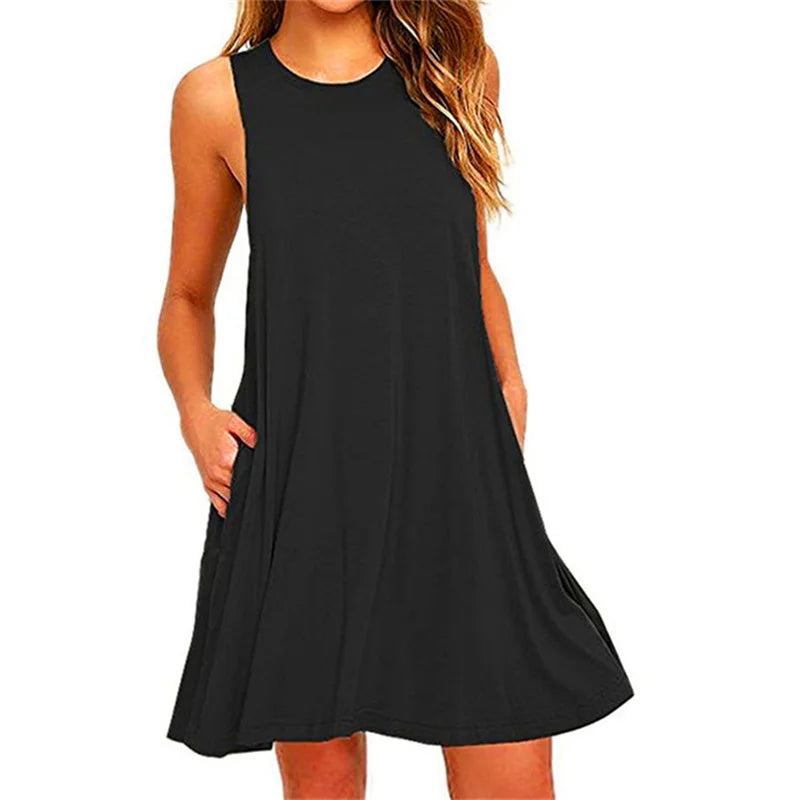 Round Neck Sleeveless Pocket A-Line Tank Mini Dress