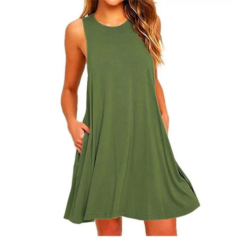Round Neck Sleeveless Pocket A-Line Tank Mini Dress