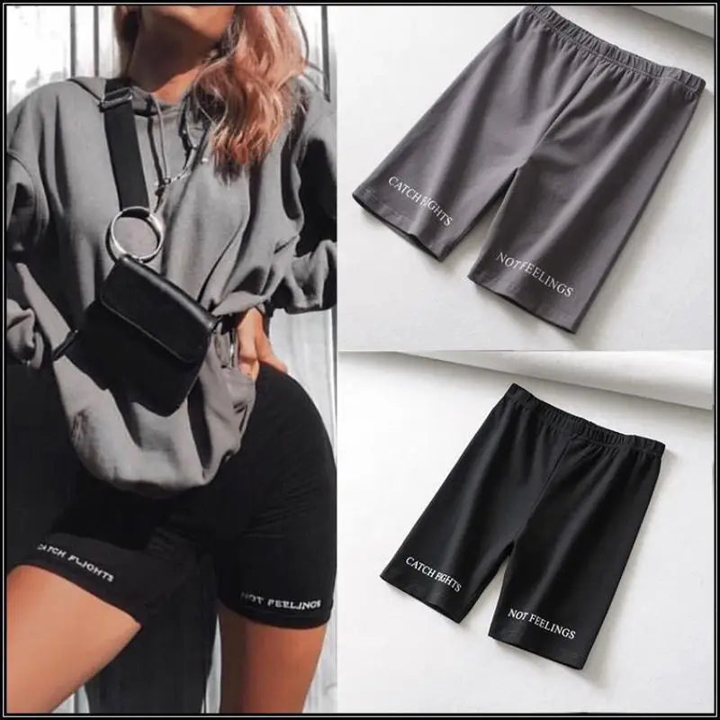 Summer biker shorts 2025 women elastic waist skinny fitness korean casual sexy Letter print black shorts pantalones black