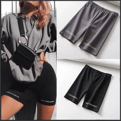 Summer biker shorts 2025 women elastic waist skinny fitness korean casual sexy Letter print black shorts pantalones black