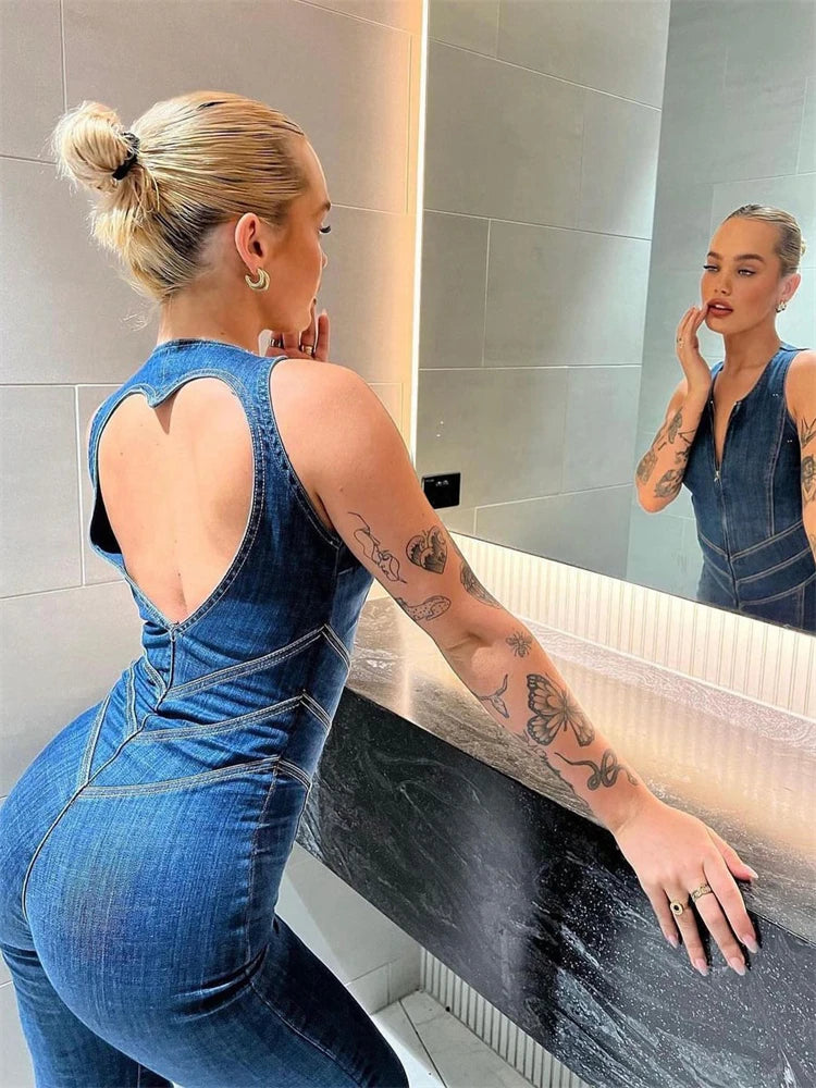 Backless Heart Cutout Bodycon Jumpsuit For Women Casual Sleeveless Slim One-Piece Outfits Retro Denim Jumpsuits New 2025