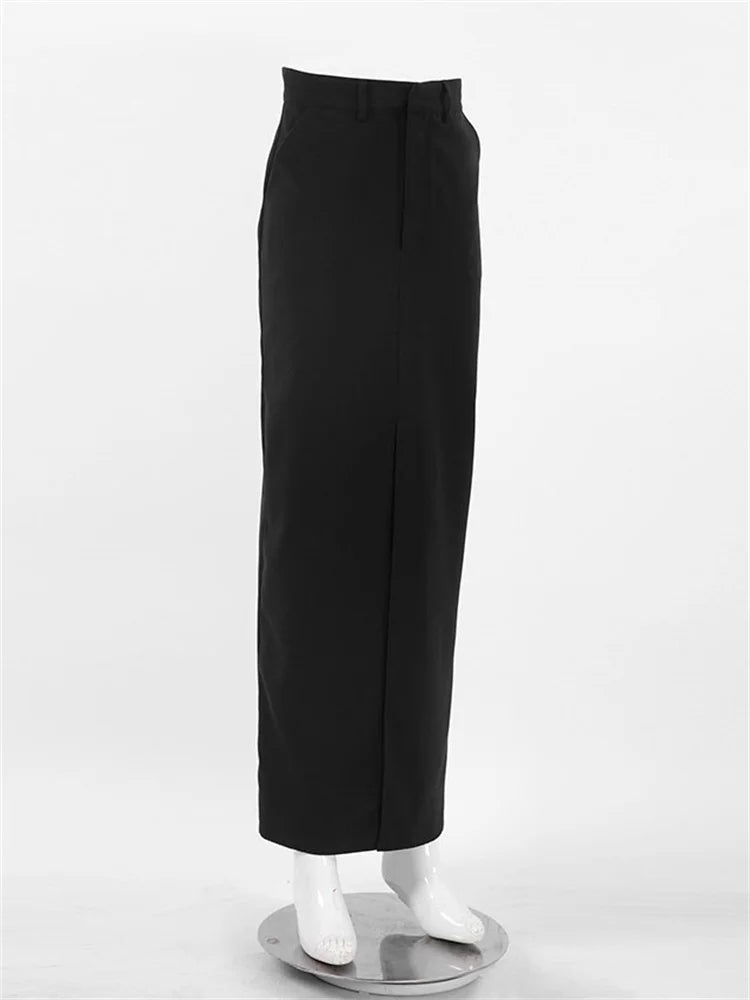 Black Long Skirt For Women Casual Streetwear High Waist Slim Bodycon Skirts Split Out Ladies Basic Straight Maxi Skirt