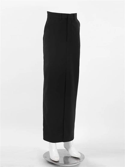 Black Long Skirt For Women Casual Streetwear High Waist Slim Bodycon Skirts Split Out Ladies Basic Straight Maxi Skirt