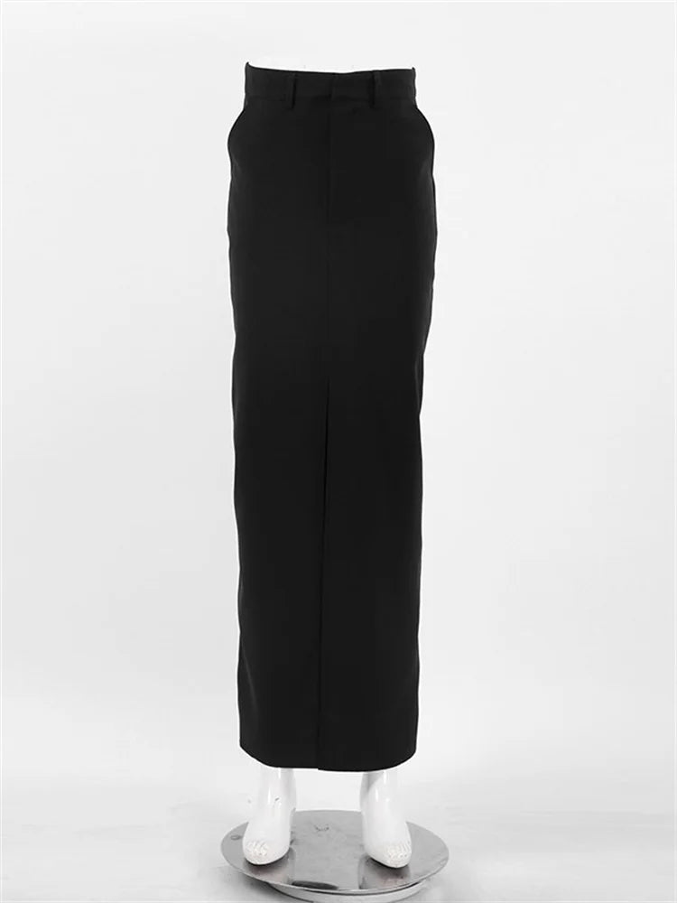 Black Long Skirt For Women Casual Streetwear High Waist Slim Bodycon Skirts Split Out Ladies Basic Straight Maxi Skirt