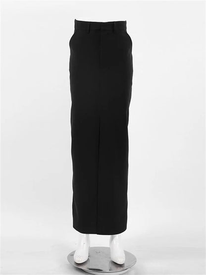 Black Long Skirt For Women Casual Streetwear High Waist Slim Bodycon Skirts Split Out Ladies Basic Straight Maxi Skirt
