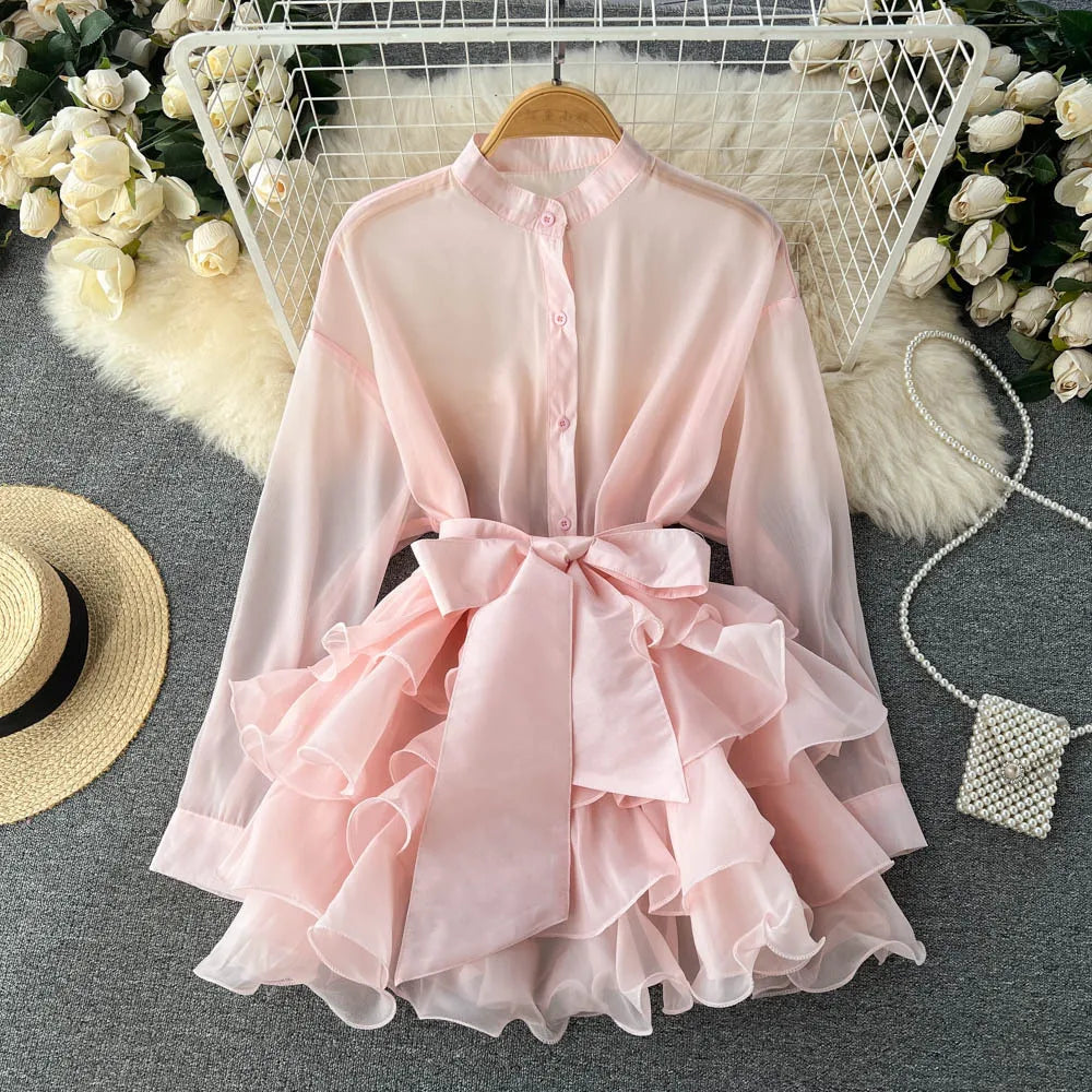 Chiffon Dress For Women 2025 Bandage Ruffle Splice Mesh Long Sleeve Cover-up Woman Beach Sexy Bow Oversized Dresses Femme