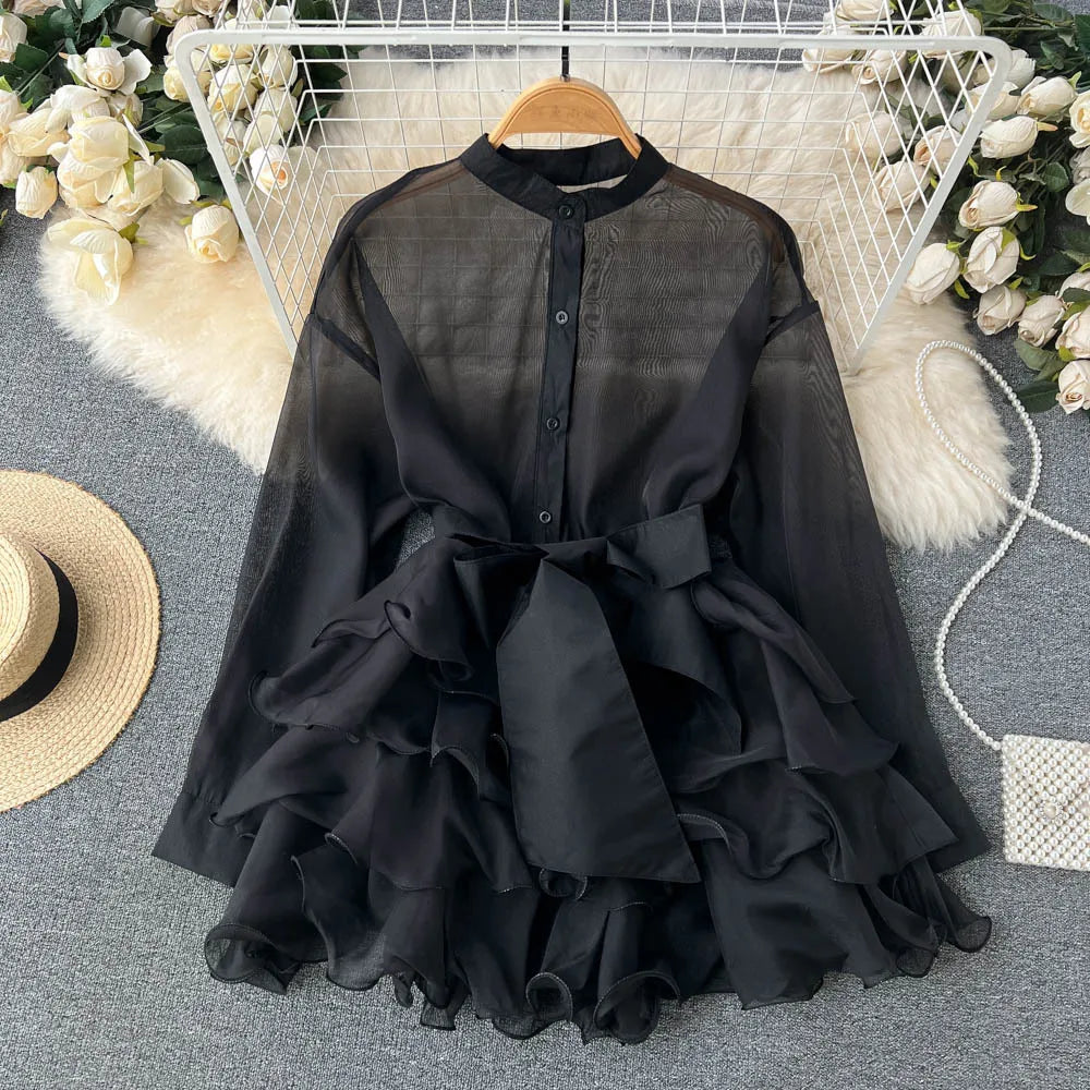 Chiffon Dress For Women 2025 Bandage Ruffle Splice Mesh Long Sleeve Cover-up Woman Beach Sexy Bow Oversized Dresses Femme