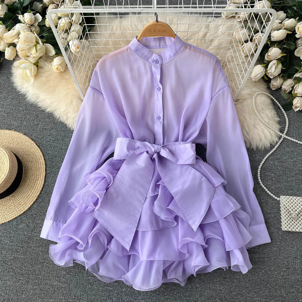 Chiffon Dress For Women 2025 Bandage Ruffle Splice Mesh Long Sleeve Cover-up Woman Beach Sexy Bow Oversized Dresses Femme