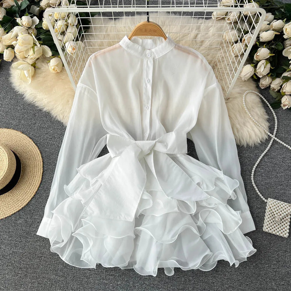 Chiffon Dress For Women 2025 Bandage Ruffle Splice Mesh Long Sleeve Cover-up Woman Beach Sexy Bow Oversized Dresses Femme