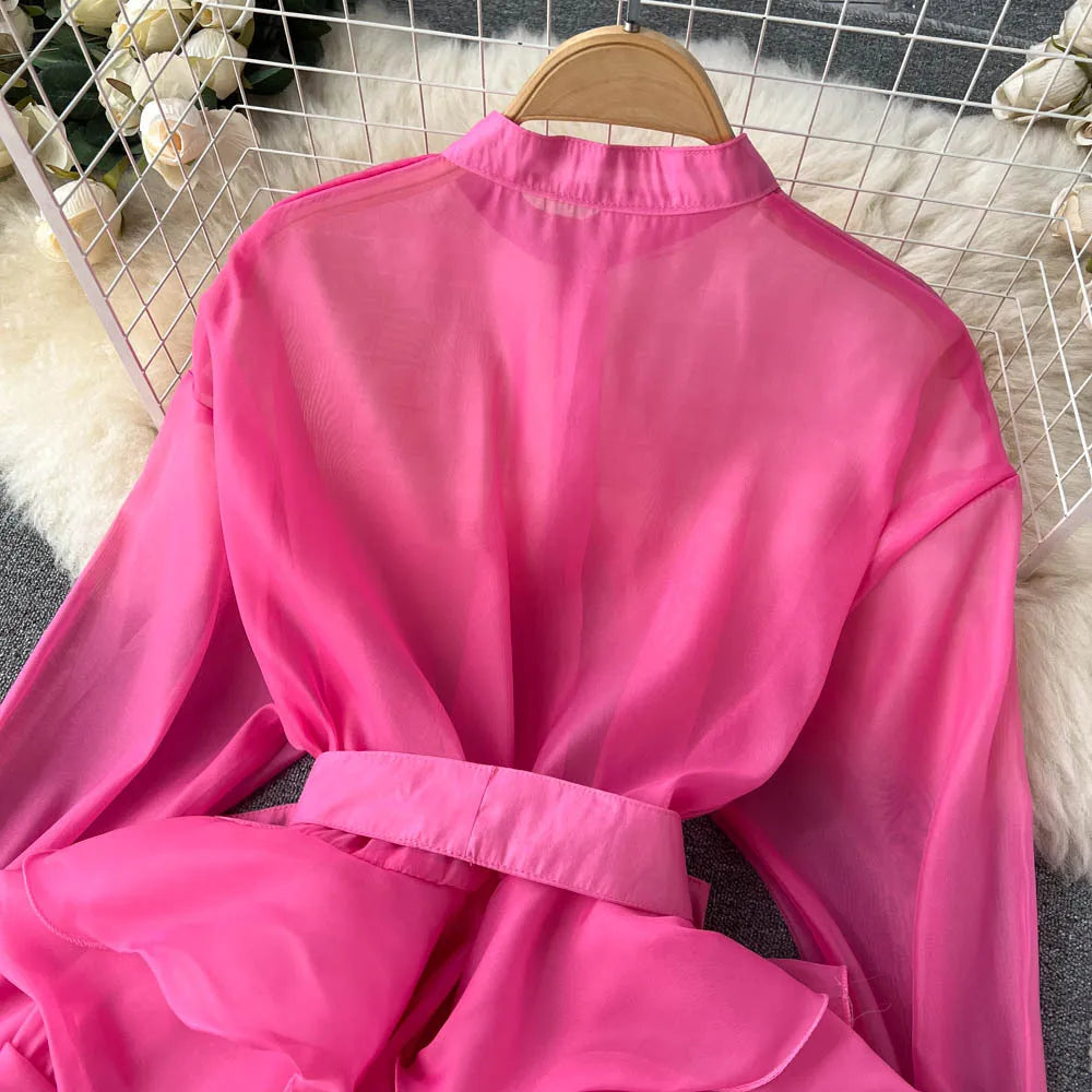 Chiffon Dress For Women 2025 Bandage Ruffle Splice Mesh Long Sleeve Cover-up Woman Beach Sexy Bow Oversized Dresses Femme