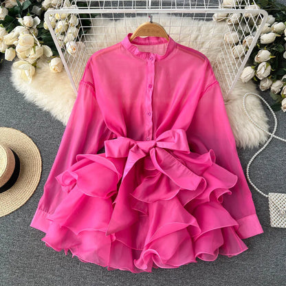 Chiffon Dress For Women 2025 Bandage Ruffle Splice Mesh Long Sleeve Cover-up Woman Beach Sexy Bow Oversized Dresses Femme